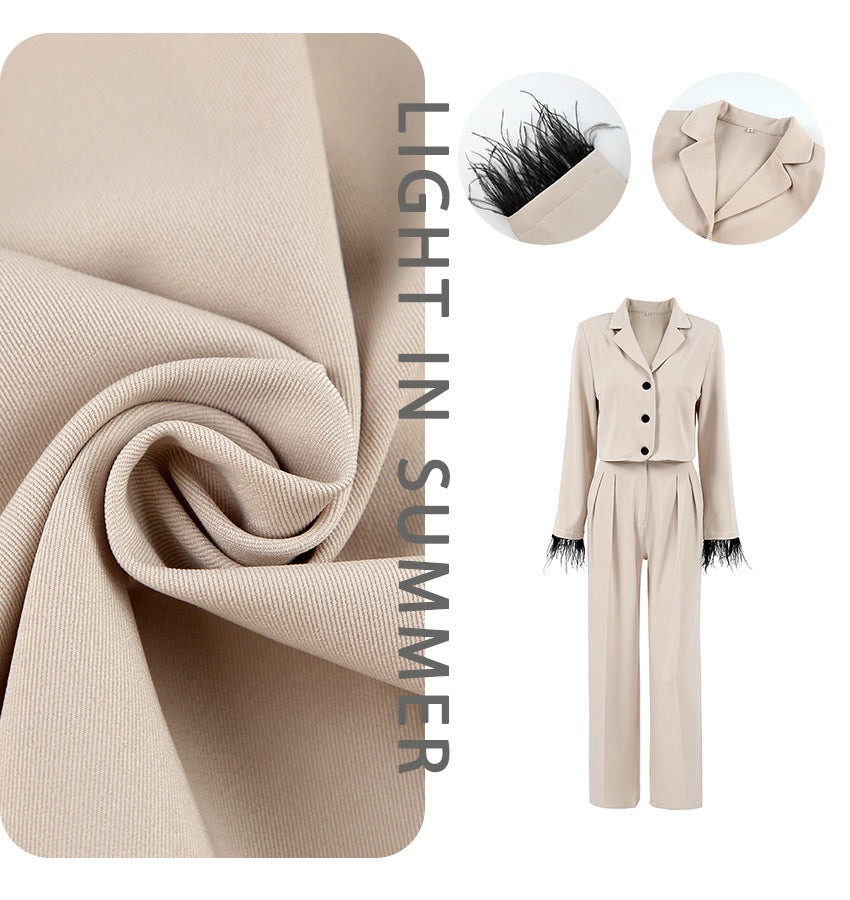 Ladies chic suit set with elegant feathers at the sleeves and high waistband