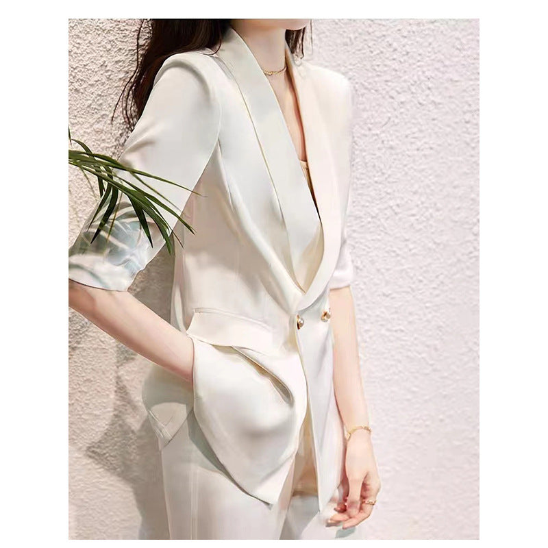 Women Satin-Look Tailored Blazer and Pantsuit