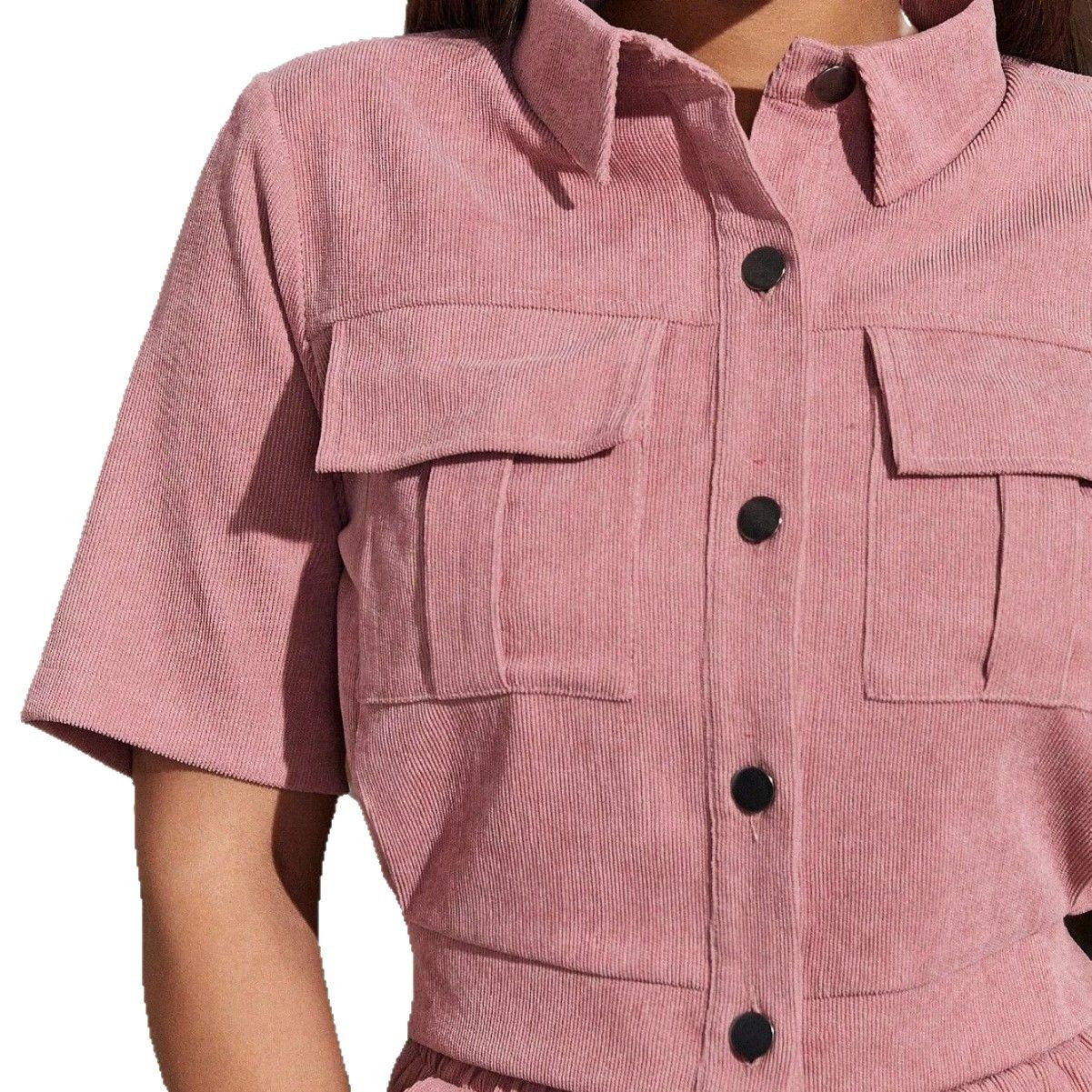 Women's corduroy suit with classic collar and elastic waistband