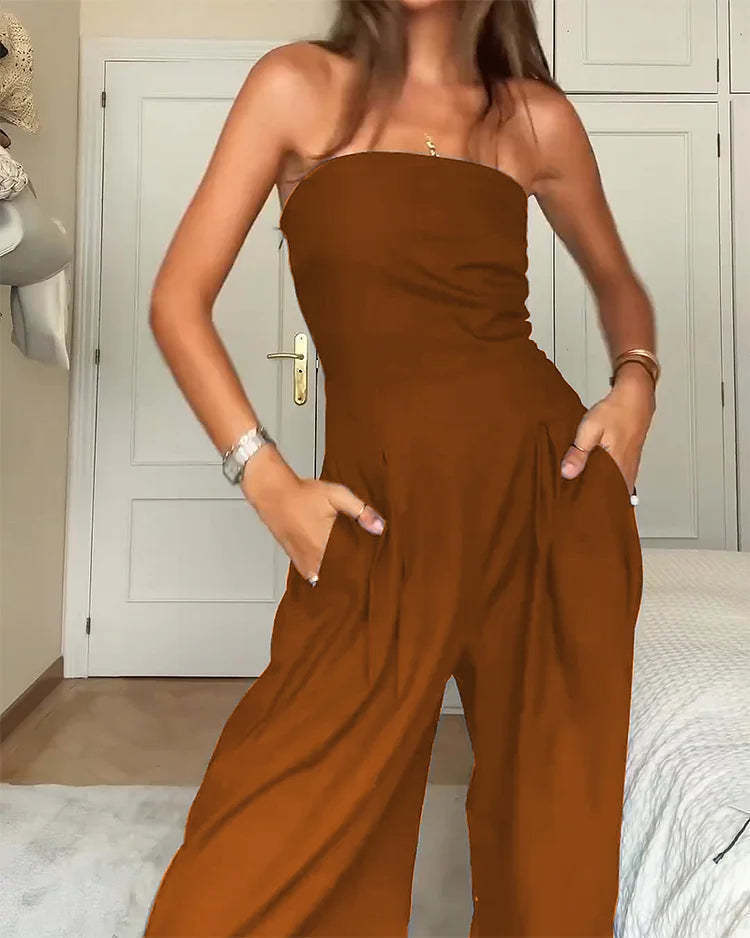 Women's strapless jumpsuit with wide leg and side pockets