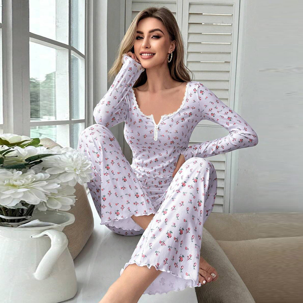 Women's Pajama Set with Lace Trim and Floral Design