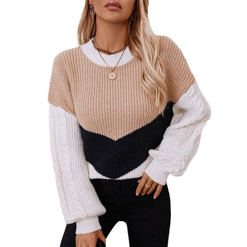 Ladies fashionable knit pullover with refined cable pattern sleeves and contrast colors