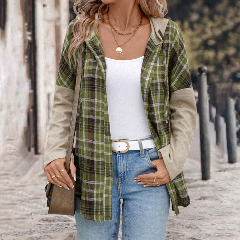 Women's Casual Check Jacket with Contrasting Sleeves