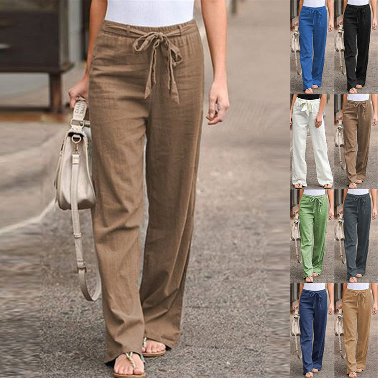 Women's comfortable linen pants with elastic waistband and adjustable tie belt