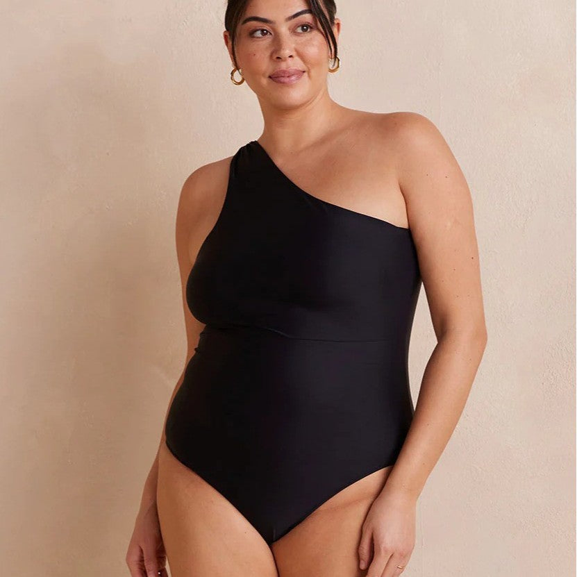 Women's Elegant One-Piece Swimsuit with Asymmetric Cut and High Neck