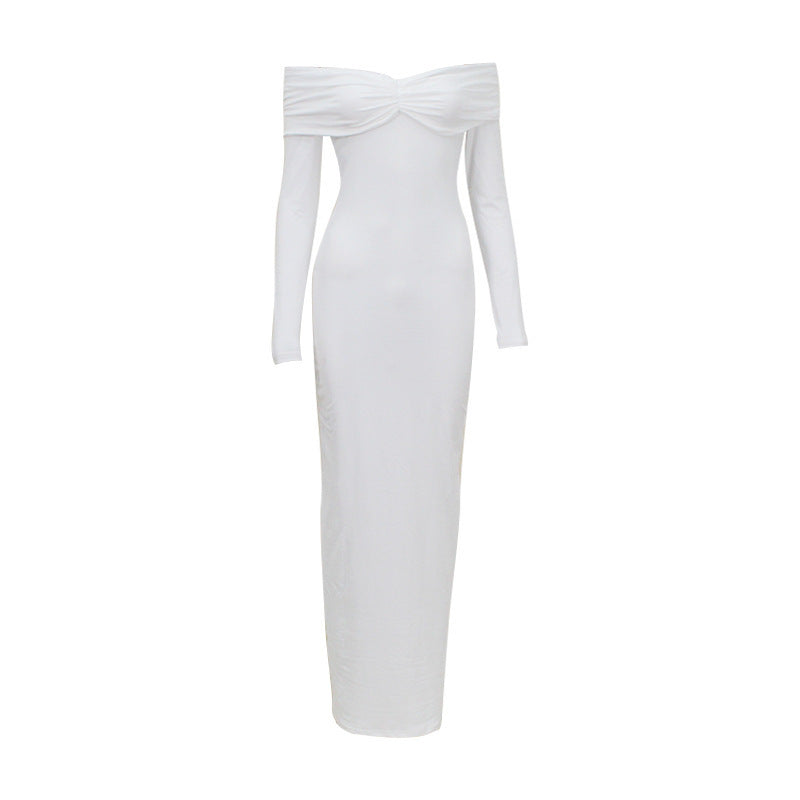Women's Off-Shoulder Maxi Dress with Ruched Bodice and Long Sleeve
