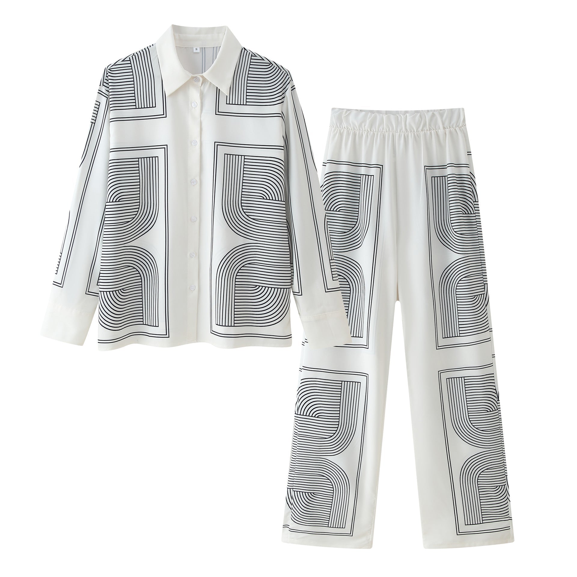 Women’s set of casual shirt and wide pants in geometric design
