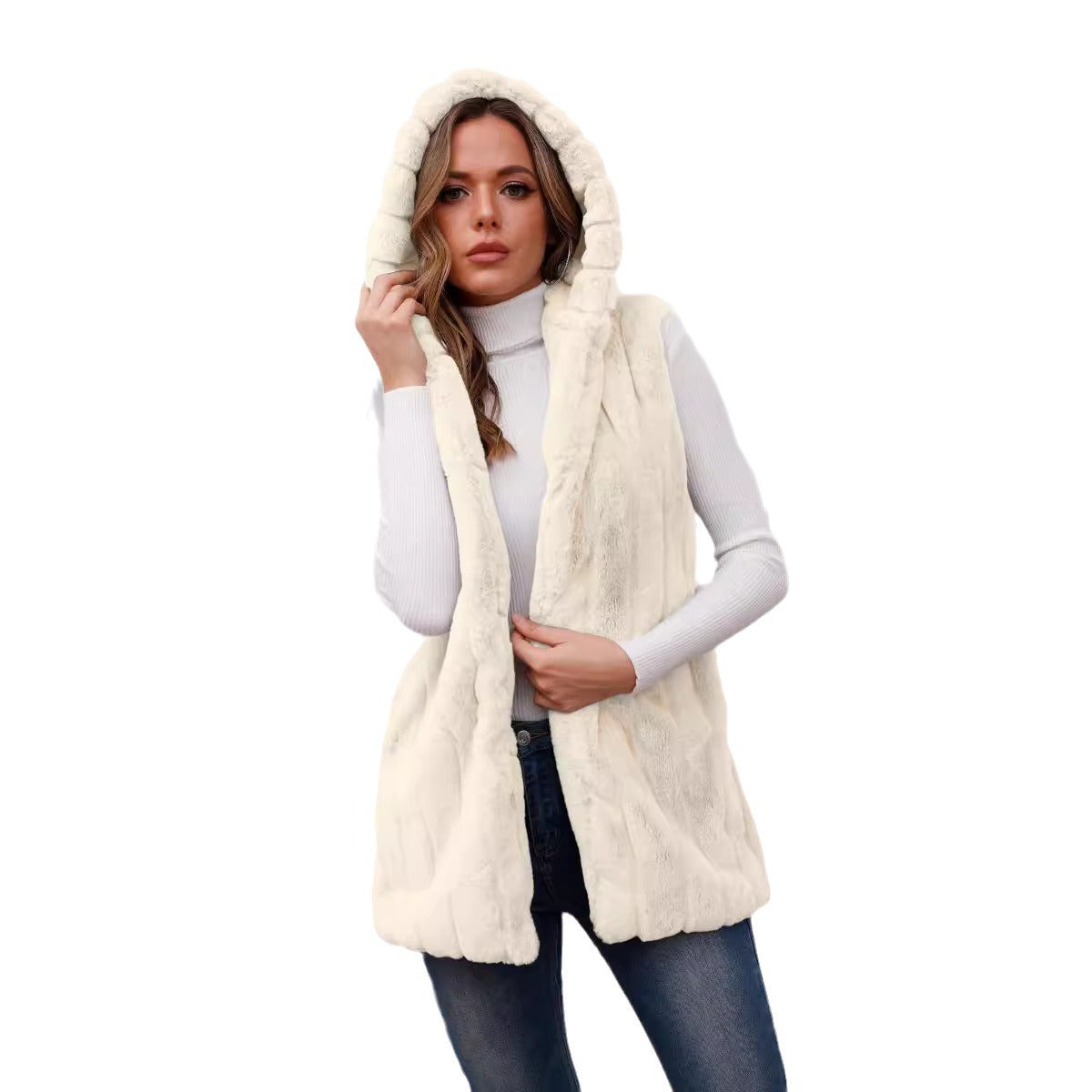 Ladies Elegant Hooded Vest made of Faux Fur