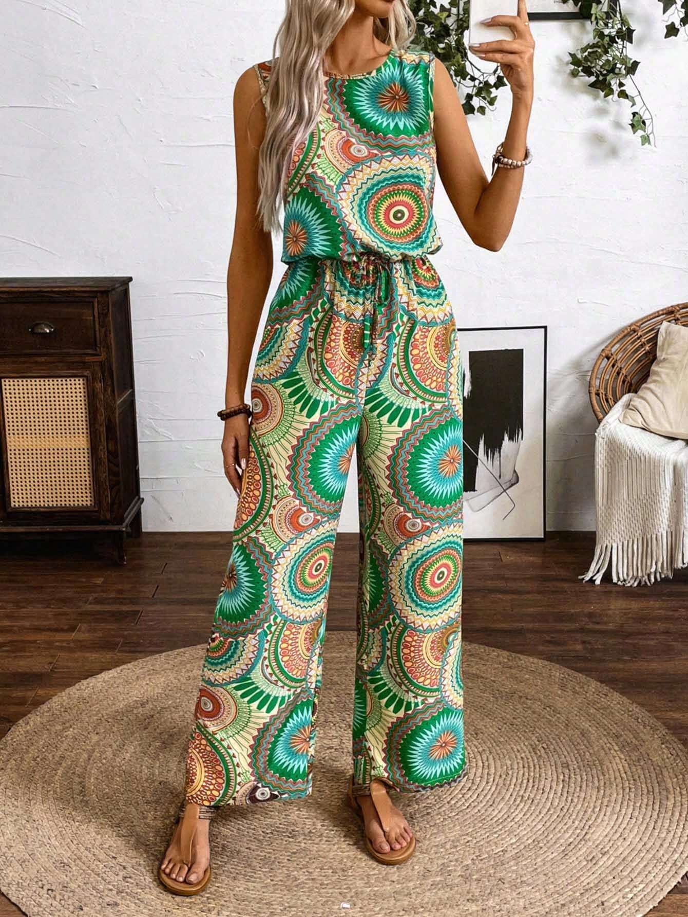 Women's casual jumpsuit with striking pattern detail and elastic waistband