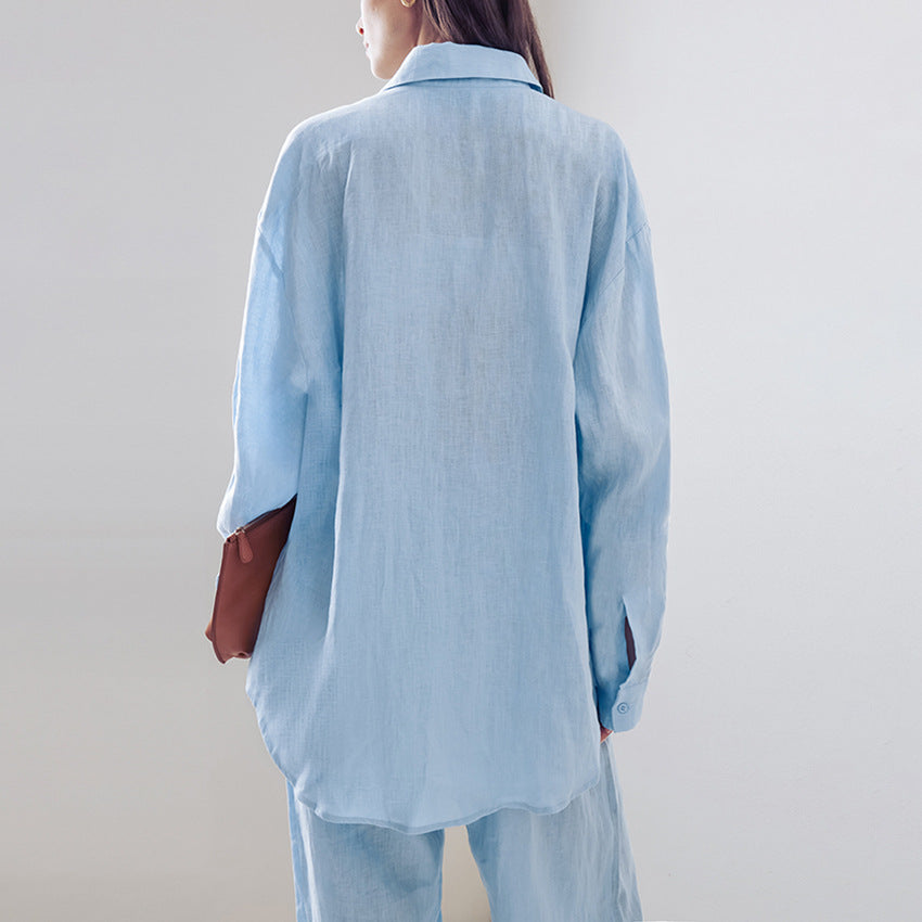Women's Casual Linen Suit with Oversized Shirt Blouse and Straight Leg