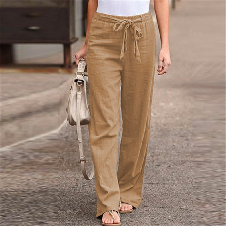 Women's comfortable linen pants with elastic waistband and adjustable tie belt
