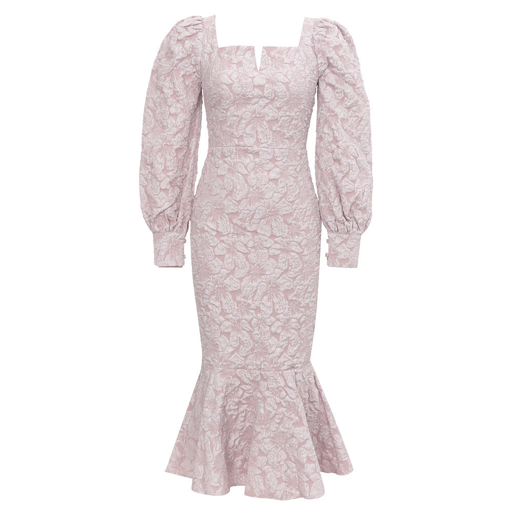 Women Elegant Dress with Floral 3D Applications and Puff Sleeves