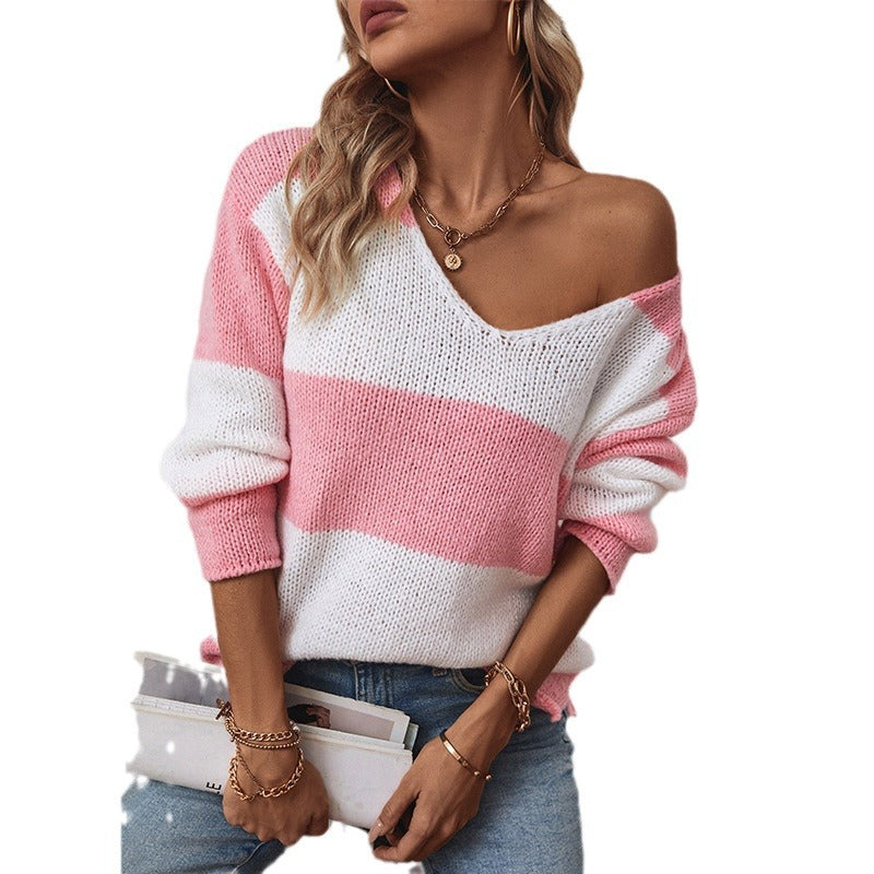 Women's casual V-neck knitted pullover with generous stripe pattern