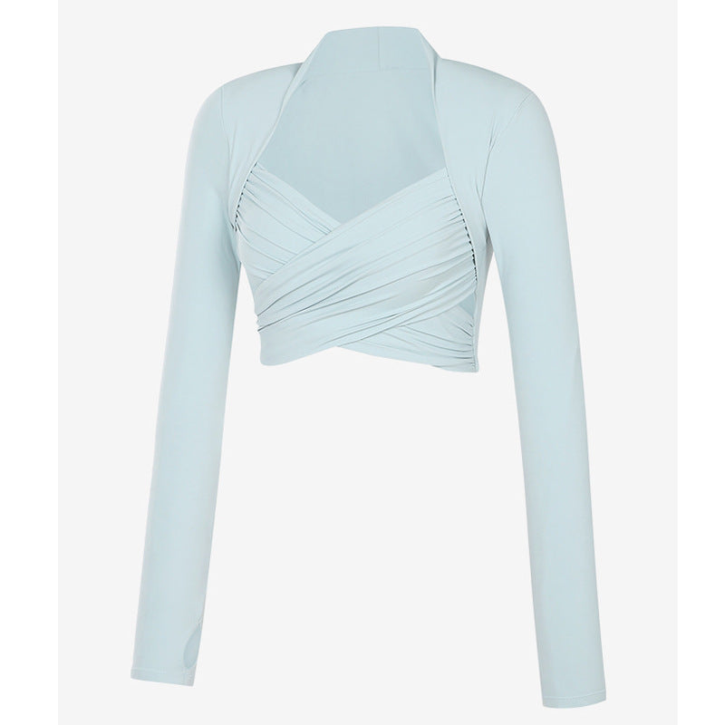 Women's elegant long sleeve crop top with sophisticated wrap detail and high comfort