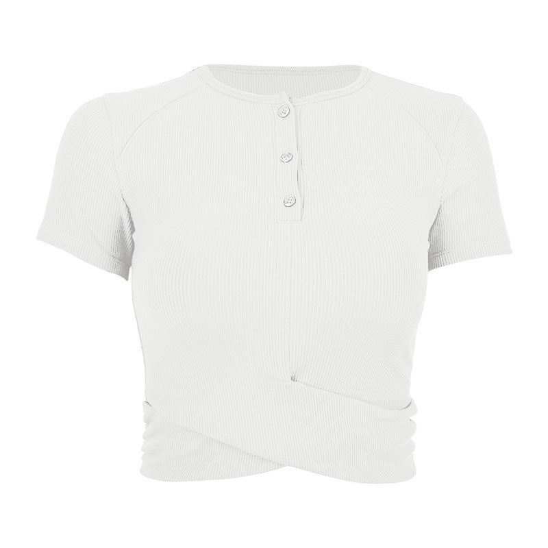 Women's fashionable short-sleeve Henley top with elastic rib design