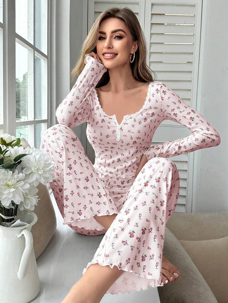 Women's Pajama Set with Lace Trim and Floral Design