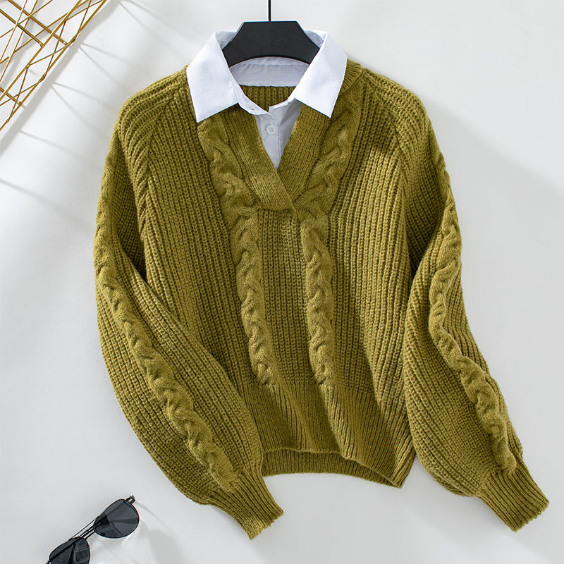 Women's knitted pullover with cable design and modern collar