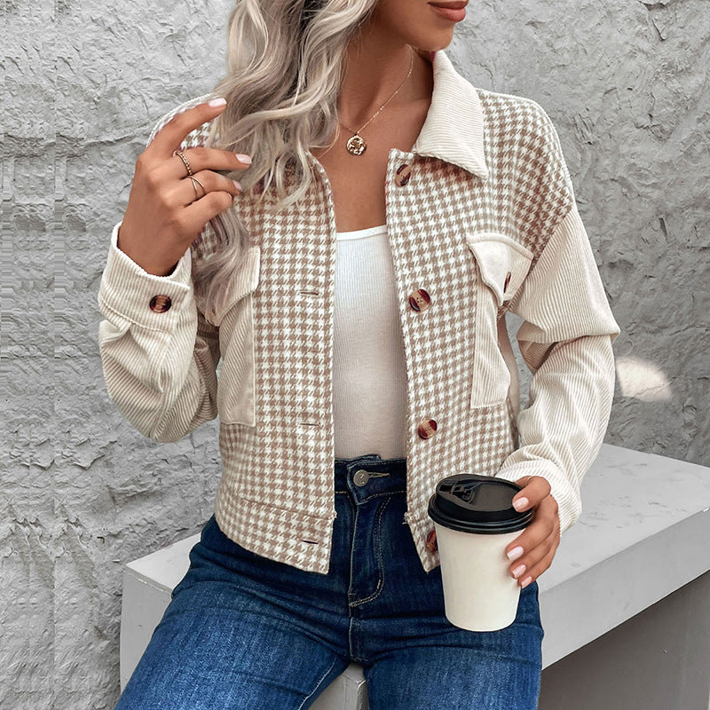 Women's cord jacket with modern houndstooth design and practical pockets