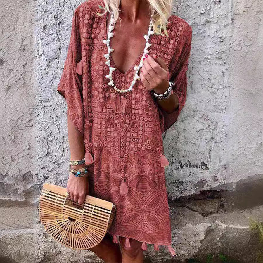 Women Boho-Chic Kaftan with V-neck and Tassel Details