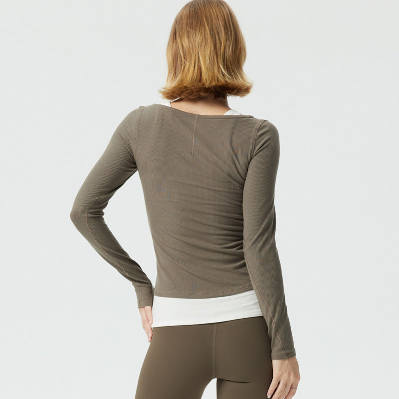 Women's Long Sleeve Ribbed T-Shirt with Wide Neckline and Fitted Cut