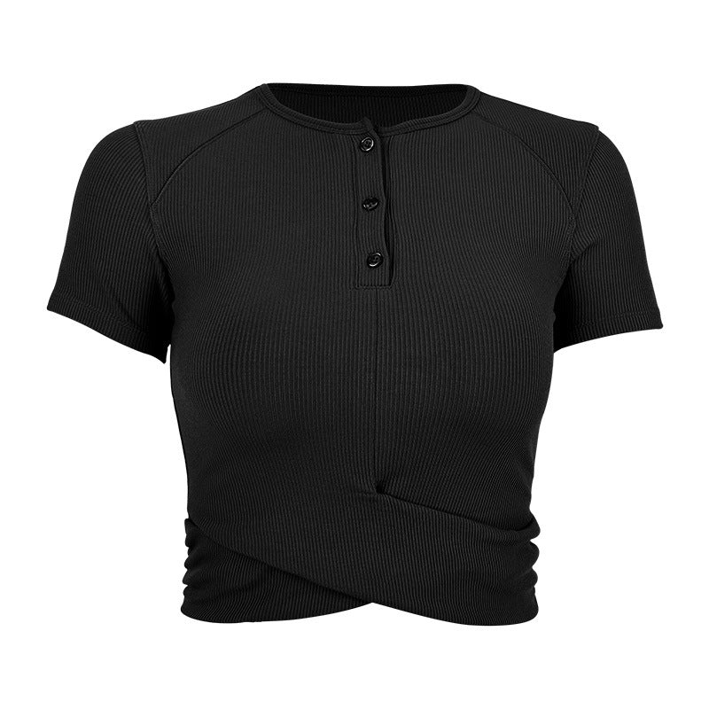 Women's fashionable short-sleeve Henley top with elastic rib design