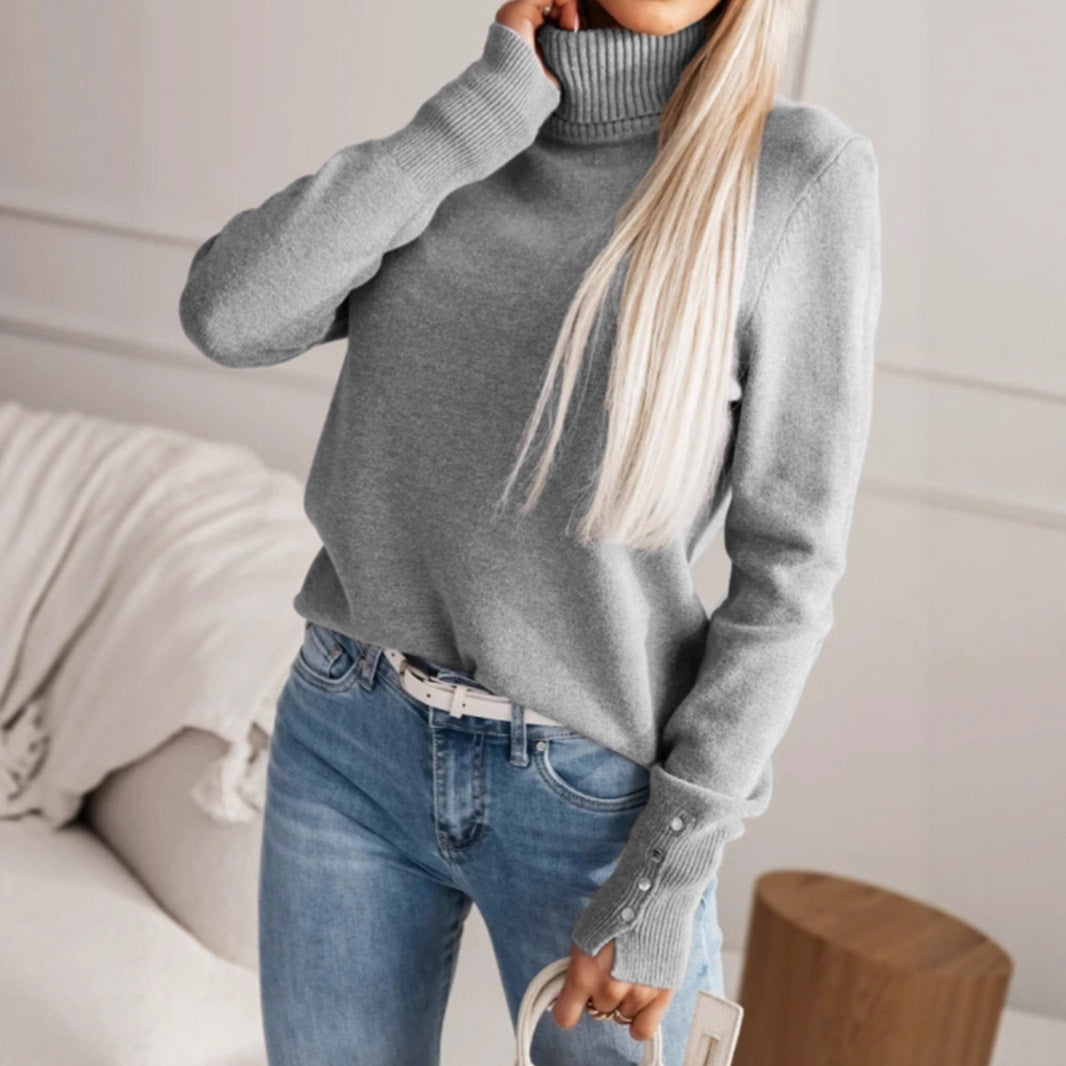 Women's elegant turtleneck pullover with button details