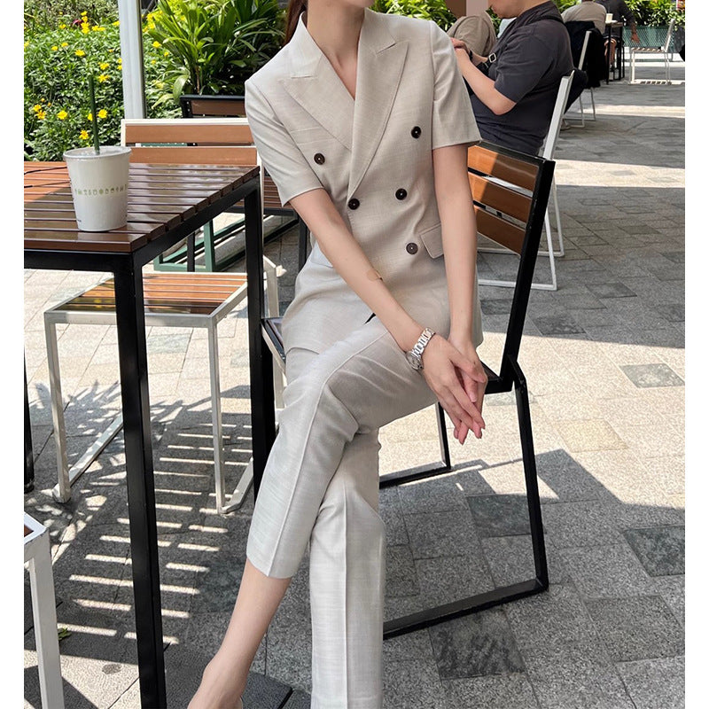Women Short Sleeve Double Breasted Suit Set