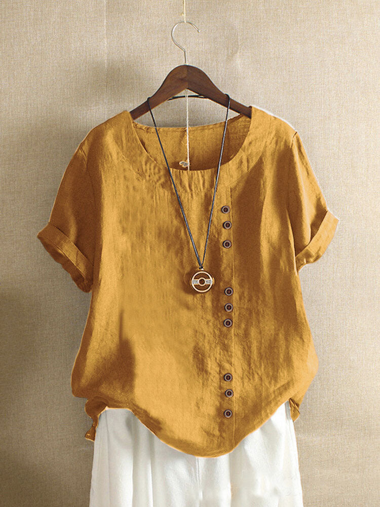 Women's casual linen blouse with convertible sleeves and button details