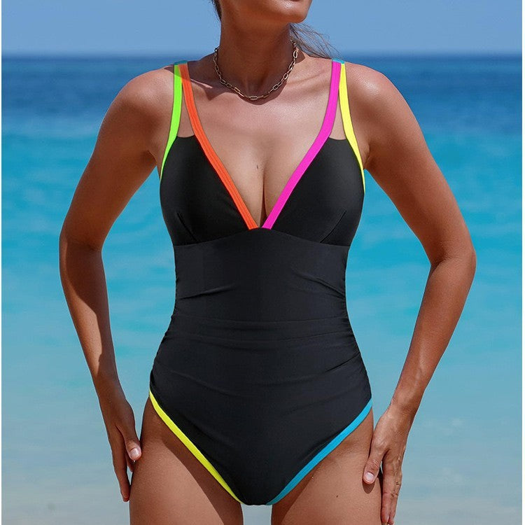 Women's swimsuit with deep V-neckline and contrasting straps