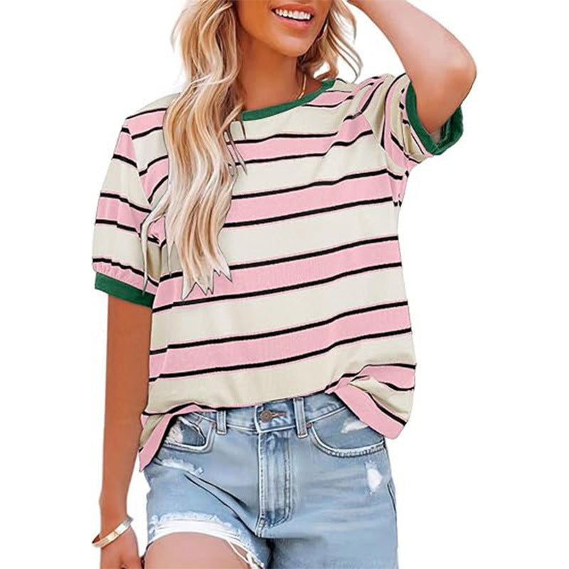 Women's casual striped T-shirt with short sleeves and round neck