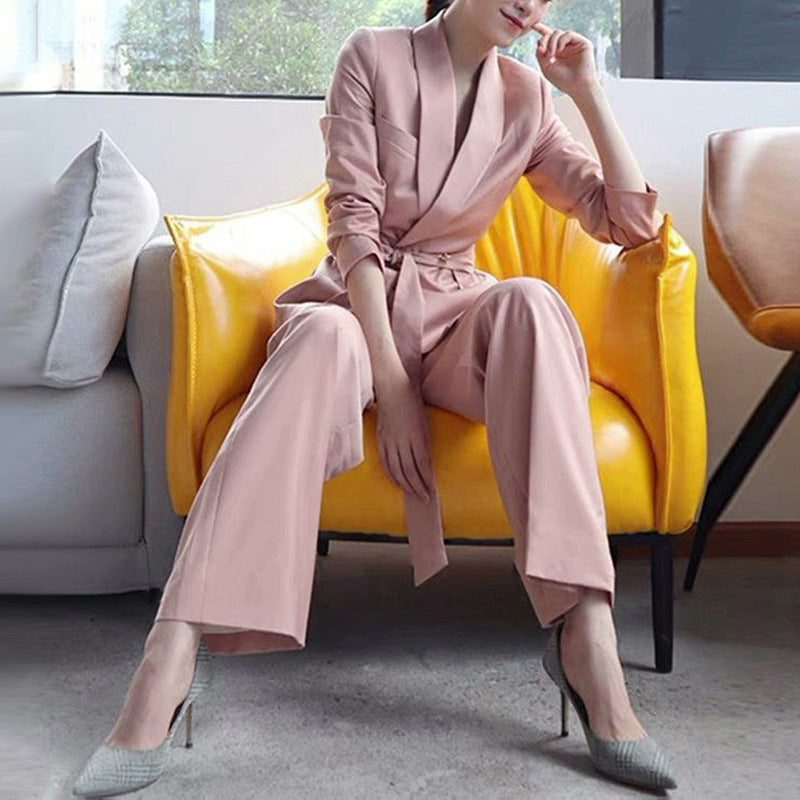 Women elegant tailored blazer and wide trouser suit