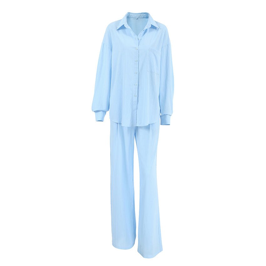 Women's Casual Linen Suit with Oversized Shirt Blouse and Straight Leg