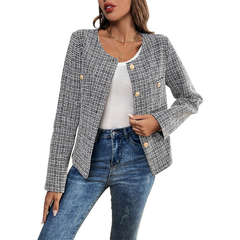 Women Elegant Tweed Jacket with Double Button Placket and Textured Fabric