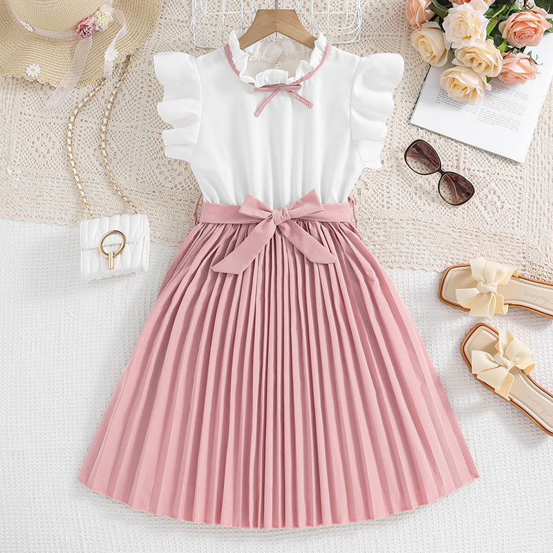 Girls Pleated Skirt Dress with Puff Sleeves and Waist Knot
