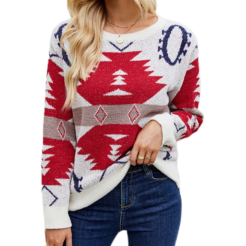 Women's patterned knit pullover with modern ethnic pattern