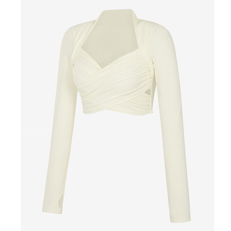 Women's elegant long sleeve crop top with sophisticated wrap detail and high comfort