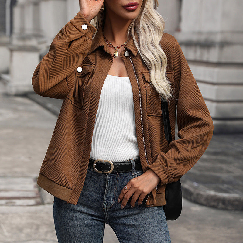 Women's modern utility jacket with structured outer material and practical pockets