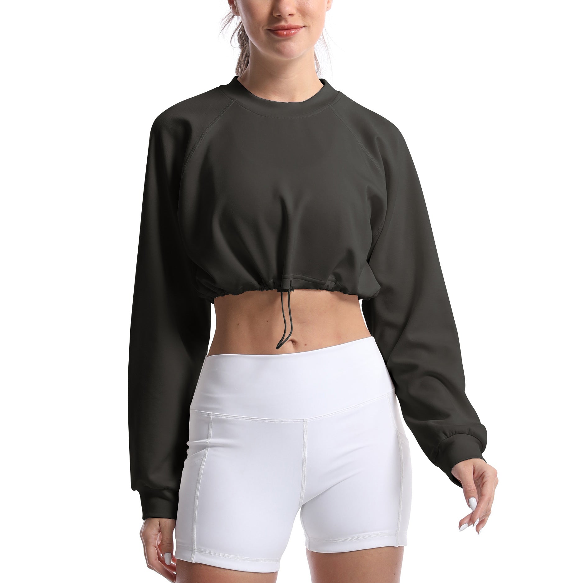 Women's sporty crop pullover with adjustable hem and long sleeves