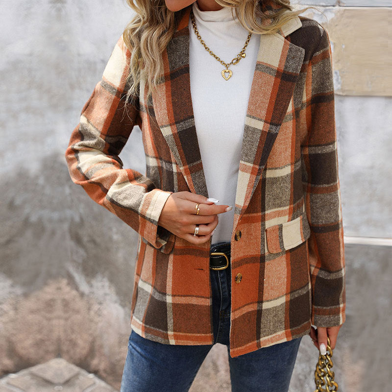 Women's Checked Blazer Jacket in Classic Cut and Warm Material