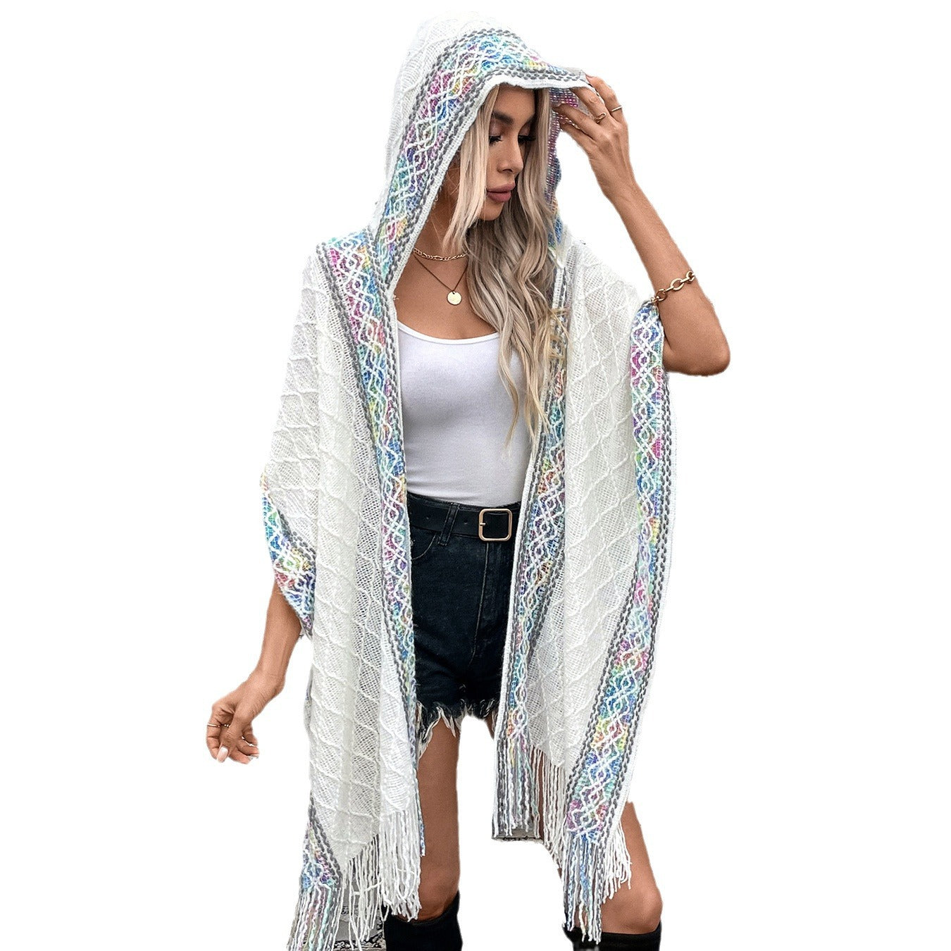 Women's elegant poncho with high-quality textured design and fringes