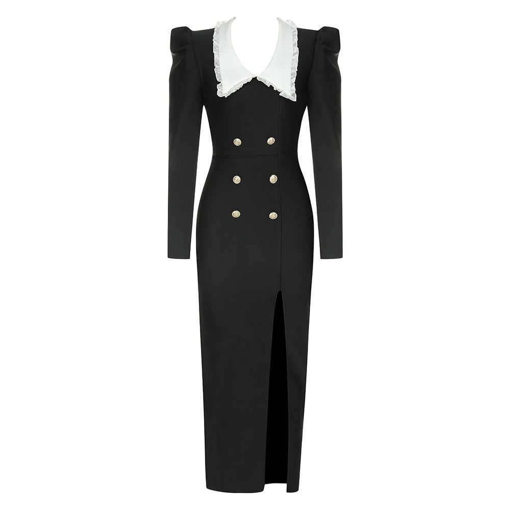 Women's Elegant Dress with Ruffle Collar and Chic Button Details