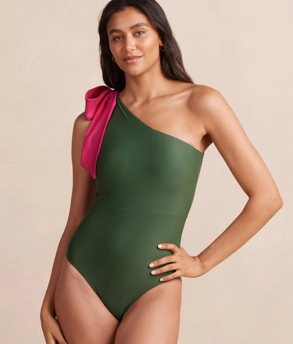 Ladies Elegant One-Piece Swimsuit with Asymmetric Cut and Bow Detail