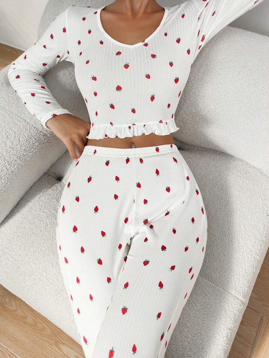 Women's casual pajama set with playful strawberry pattern
