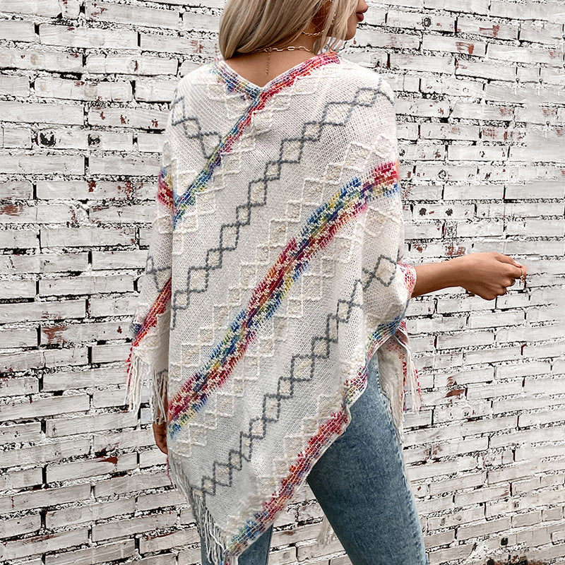 Ladies fashion wrap sweater with fringed hem and unique pattern