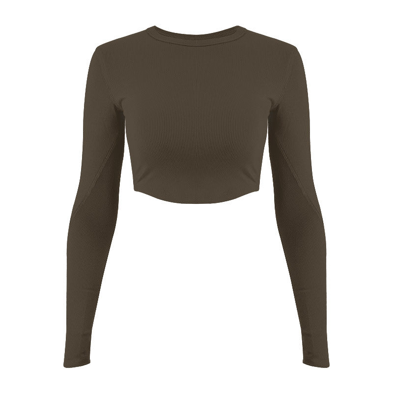 Women's stylish long sleeve crop top made of elastic ribbed material with round neckline