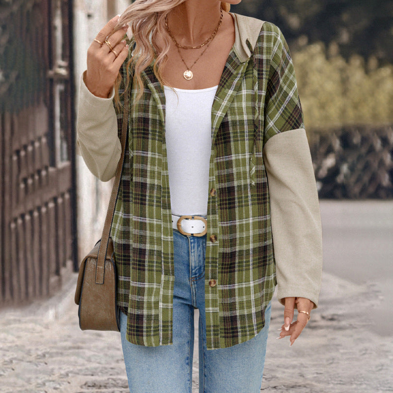 Women's Casual Check Jacket with Contrasting Sleeves