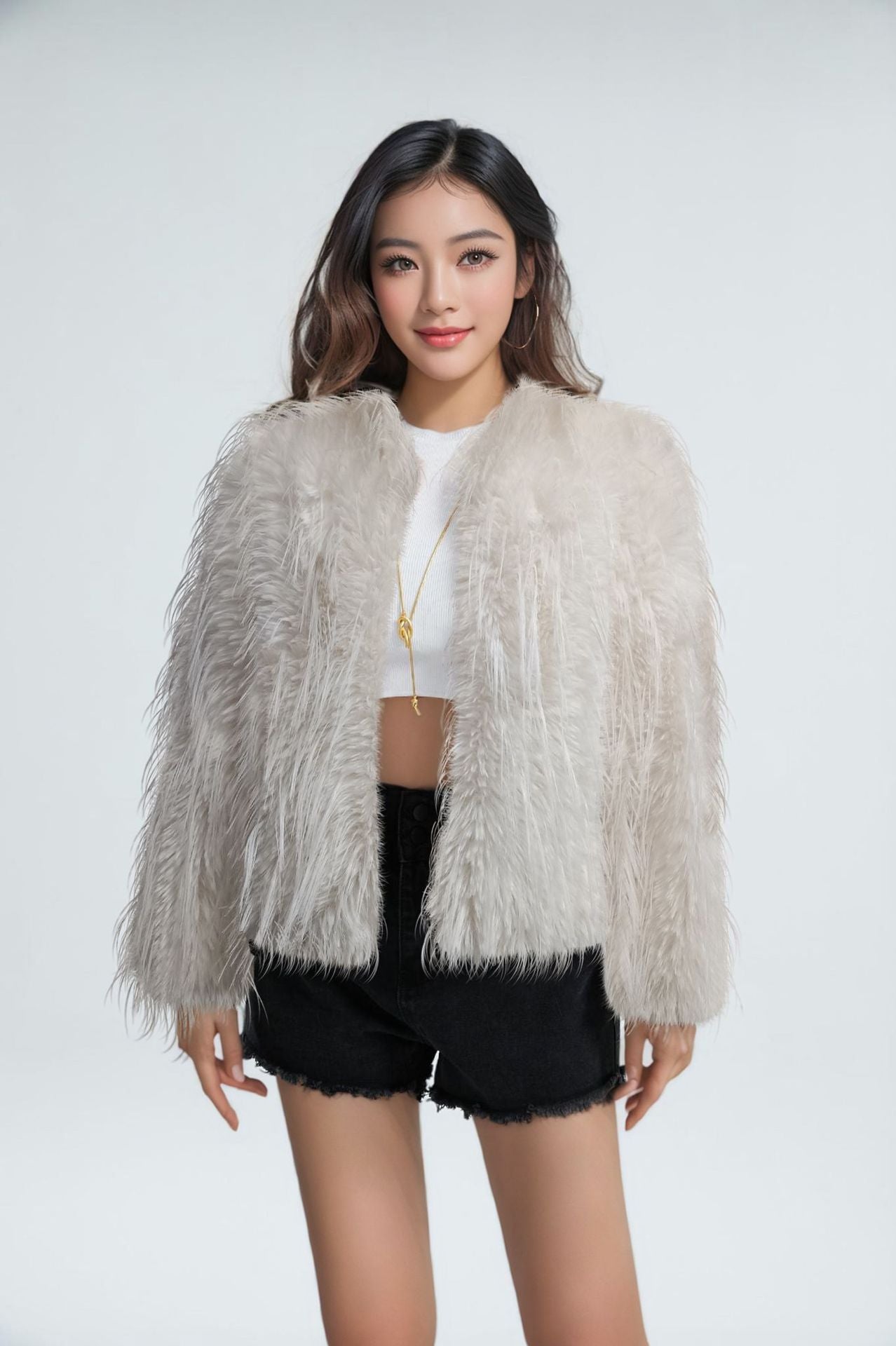 Ladies Elegant Plush Jacket with High Collar
