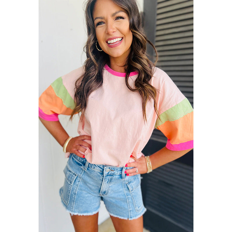 Women's Casual T-Shirt with Colorful Sleeves