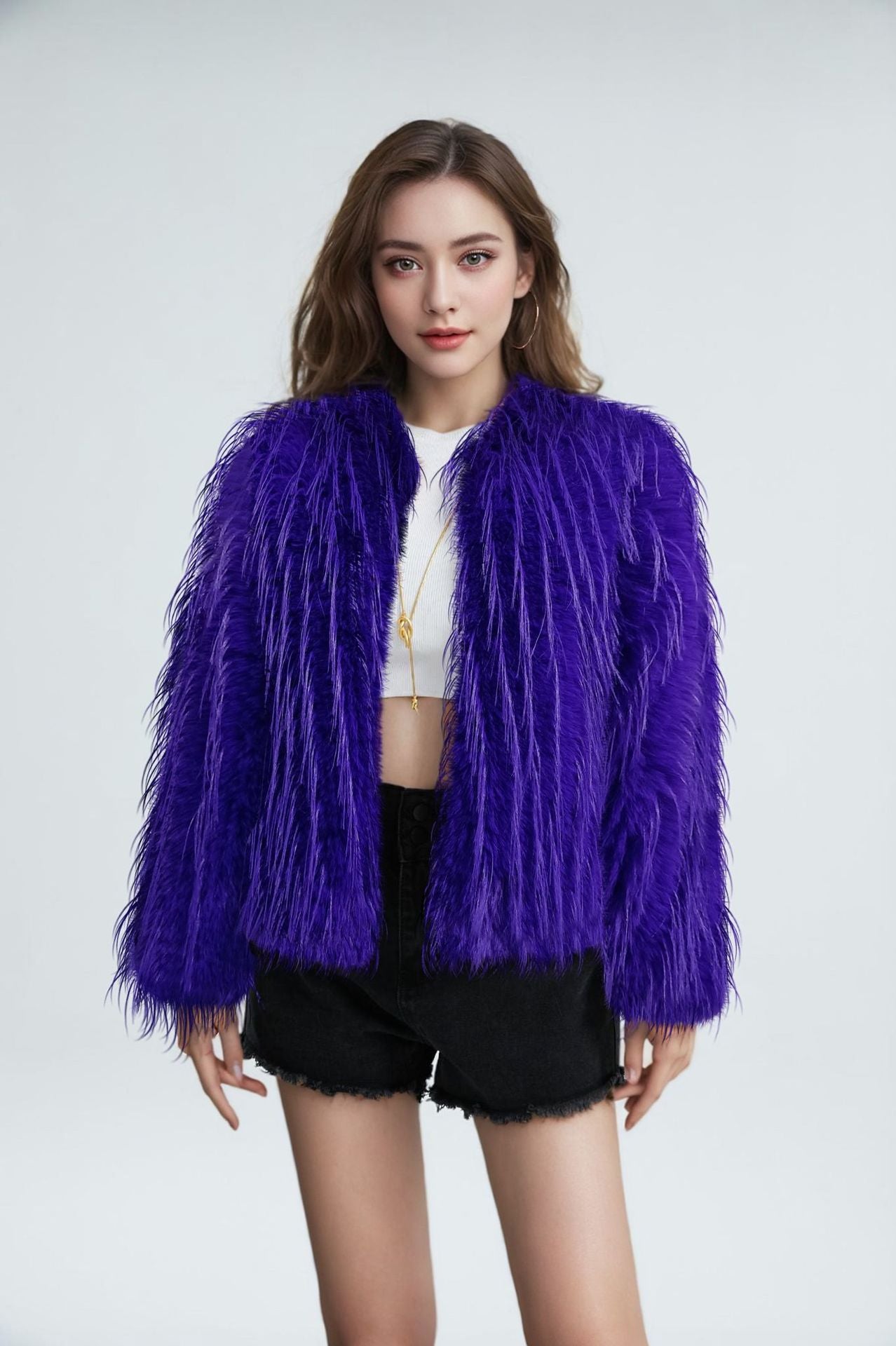 Ladies Elegant Plush Jacket with High Collar