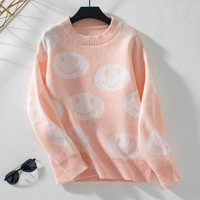 Women's casual pullover with cheerful smiley pattern